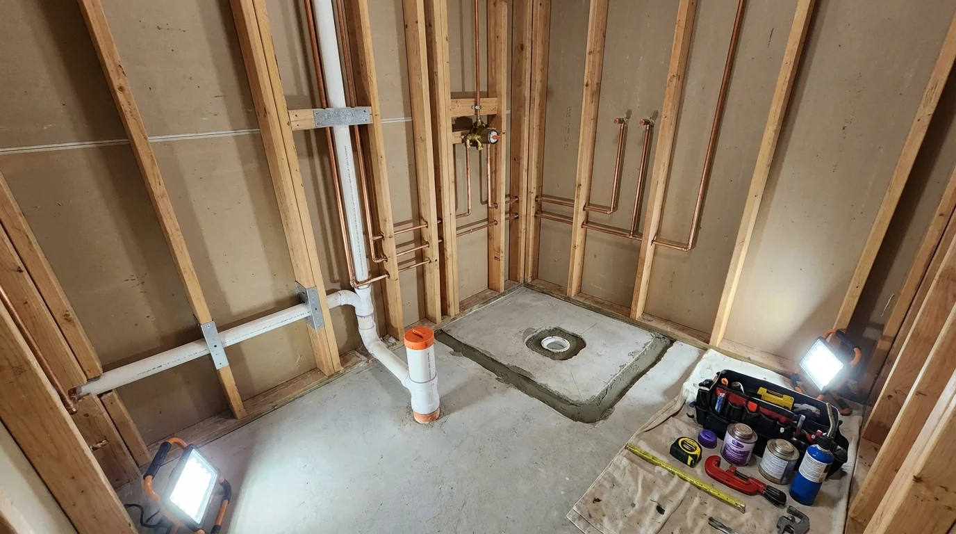Bathroom rough-in plumbing during remodel by Johns Plumbing LLC in Honey Brook