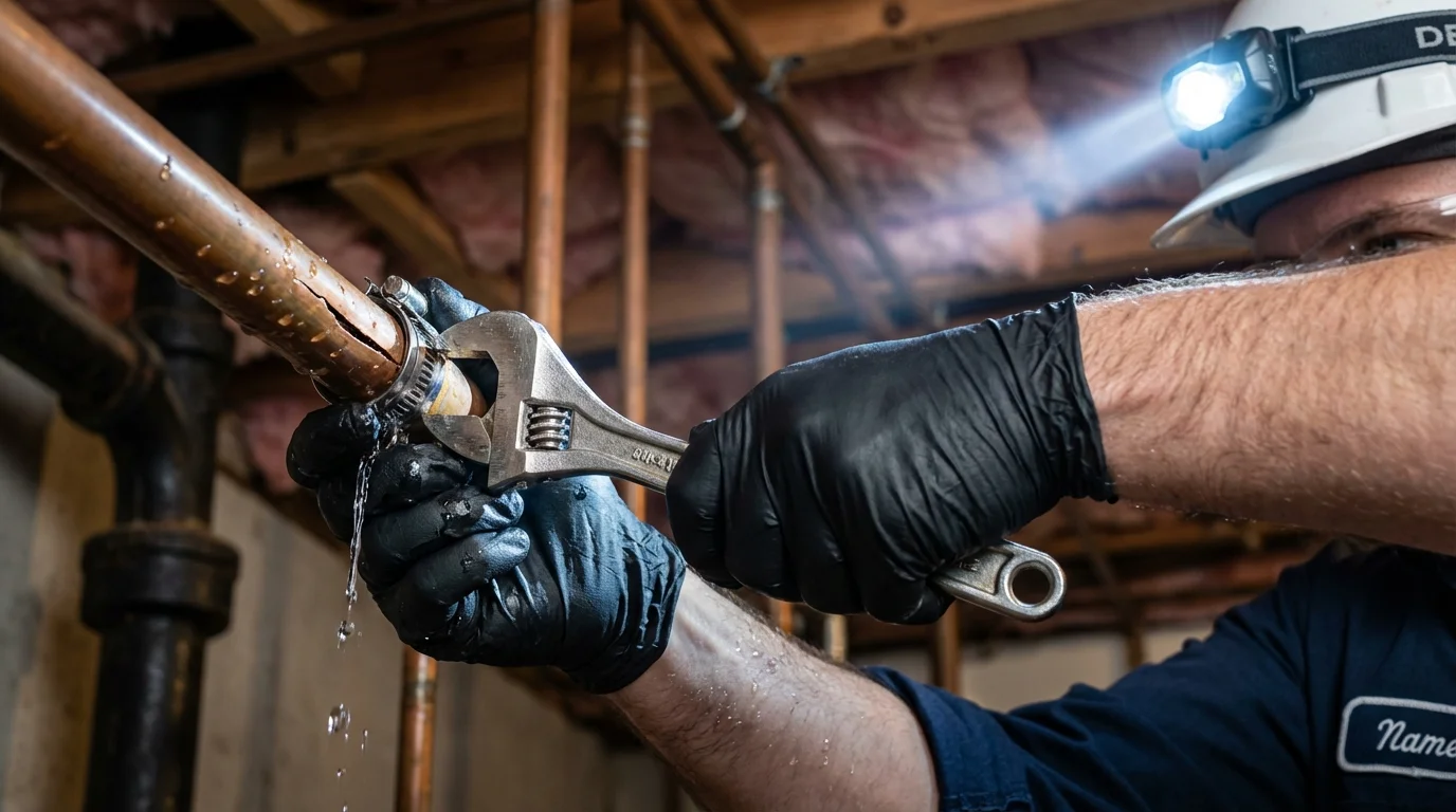 Emergency pipe clamp repair being performed by a Johns Plumbing LLC plumber in Honey Brook