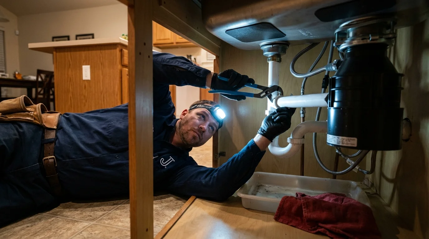 P-trap and supply line connections under a kitchen sink showing a common leak point in Honey Brook, PA